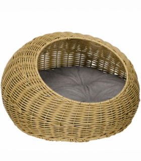 PawHut Wicker Cat House with Washable Cushion for Indoor Cats, Light Brown