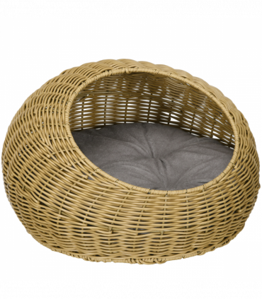 PawHut Wicker Cat House with Washable Cushion for Indoor Cats, Light Brown