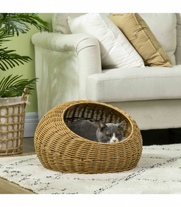 PawHut Wicker Cat House with Washable Cushion for Indoor Cats, Light Brown
