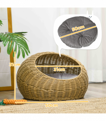PawHut Wicker Cat House with Washable Cushion for Indoor Cats, Light Brown