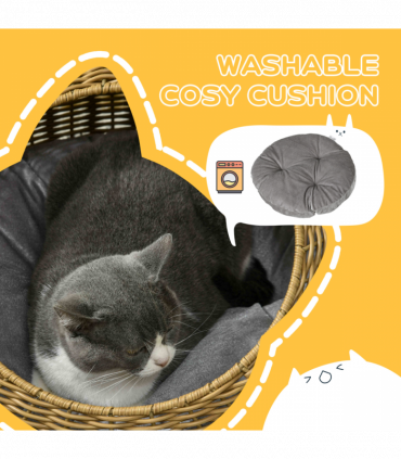 PawHut Wicker Cat House with Washable Cushion for Indoor Cats, Light Brown