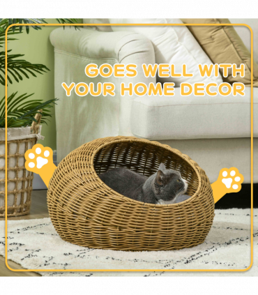 PawHut Wicker Cat House with Washable Cushion for Indoor Cats, Light Brown