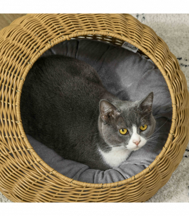 PawHut Wicker Cat House with Washable Cushion for Indoor Cats, Light Brown