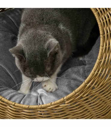 PawHut Wicker Cat House with Washable Cushion for Indoor Cats, Light Brown