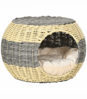 PawHut Wicker Cat House, Rattan Raised Cat Bed w/ Soft Cushion, 40 x 30cm