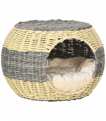 PawHut Wicker Cat House, Rattan Raised Cat Bed w/ Soft Cushion, 40 x 30cm