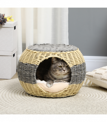 PawHut Wicker Cat House, Rattan Raised Cat Bed w/ Soft Cushion, 40 x 30cm