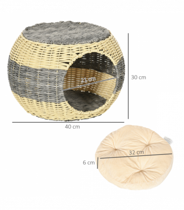 PawHut Wicker Cat House, Rattan Raised Cat Bed w/ Soft Cushion, 40 x 30cm