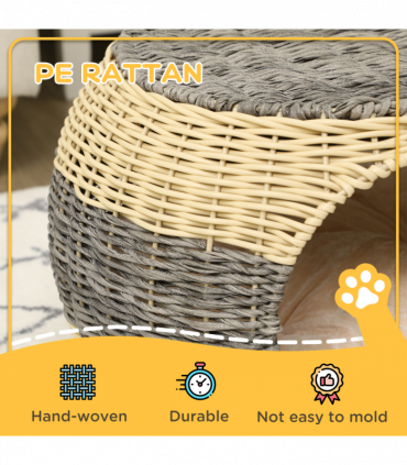 PawHut Wicker Cat House, Rattan Raised Cat Bed w/ Soft Cushion, 40 x 30cm