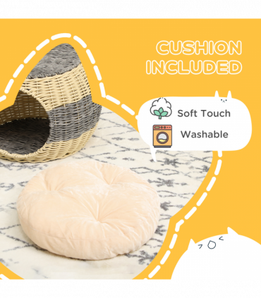 PawHut Wicker Cat House, Rattan Raised Cat Bed w/ Soft Cushion, 40 x 30cm