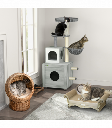 Wicker Cat House, Raised Cat Bed with Cylindrical Base, 42 x 33 x 52cm