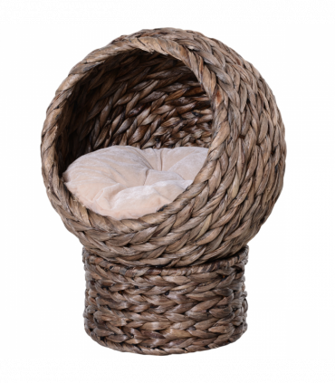 Wicker Cat House, Raised Cat Bed with Cylindrical Base, 42 x 33 x 52cm - Brown