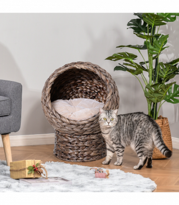Wicker Cat House, Raised Cat Bed with Cylindrical Base, 42 x 33 x 52cm - Brown