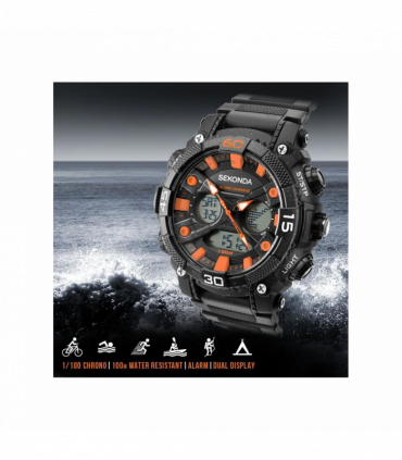 Sekonda Mens Sports Duel time Black Dial & Rubber Strap Watch-1037