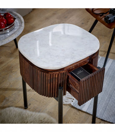 Opal Mango Wood Bedside Table With Marble Top & Metal Legs