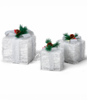 Lighted Gift Boxes Set of 3, Pre-lit Nestable Glitter Present Boxes Ornament with 48 LED Multi-color Lights and Stakes, Battery Powered, for Christmas Outdoor Indoor Decorations Lighted Holiday Displa