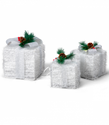 Lighted Gift Boxes Set of 3, Pre-lit Nestable Glitter Present Boxes Ornament with 48 LED Multi-color Lights and Stakes, Battery Powered, for Christmas Outdoor Indoor Decorations Lighted Holiday Displa