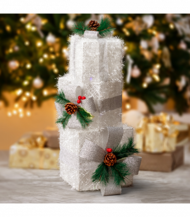 Lighted Gift Boxes Set of 3, Pre-lit Nestable Glitter Present Boxes Ornament with 48 LED Multi-color Lights and Stakes, Battery Powered, for Christmas Outdoor Indoor Decorations Lighted Holiday Displa