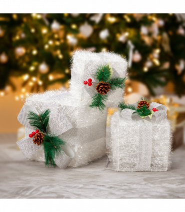 Lighted Gift Boxes Set of 3, Pre-lit Nestable Glitter Present Boxes Ornament with 48 LED Multi-color Lights and Stakes, Battery Powered, for Christmas Outdoor Indoor Decorations Lighted Holiday Displa