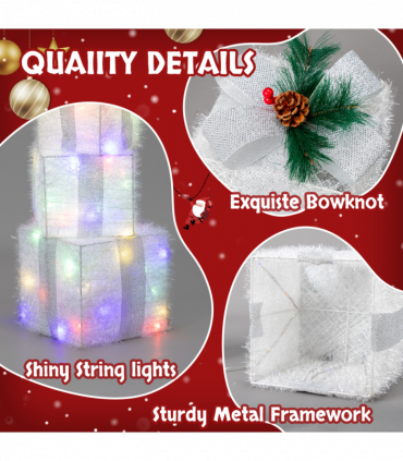 Lighted Gift Boxes Set of 3, Pre-lit Nestable Glitter Present Boxes Ornament with 48 LED Multi-color Lights and Stakes, Battery Powered, for Christmas Outdoor Indoor Decorations Lighted Holiday Displa