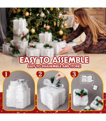 Lighted Gift Boxes Set of 3, Pre-lit Nestable Glitter Present Boxes Ornament with 48 LED Multi-color Lights and Stakes, Battery Powered, for Christmas Outdoor Indoor Decorations Lighted Holiday Displa