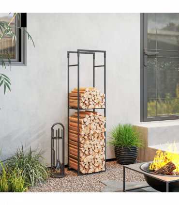 Outsunny Metal Firewood Log Holder, Firewood Rack with Adjustable Shelf