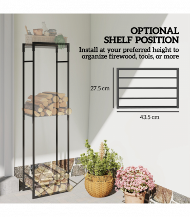 Outsunny Metal Firewood Log Holder, Firewood Rack with Adjustable Shelf