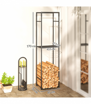 Outsunny Metal Firewood Log Holder, Firewood Rack with Adjustable Shelf