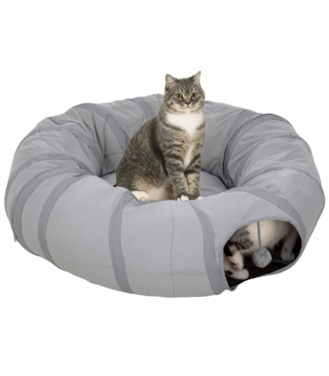 PawHut 2 in 1 Cat Tunnel with Bed, Cat Play Tunnel for Indoor Cats, Grey