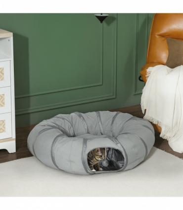 PawHut 2 in 1 Cat Tunnel with Bed, Cat Play Tunnel for Indoor Cats, Grey