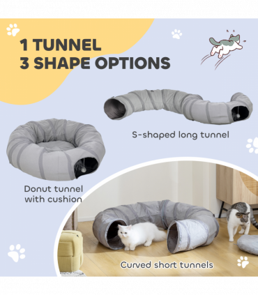 PawHut 2 in 1 Cat Tunnel with Bed, Cat Play Tunnel for Indoor Cats, Grey