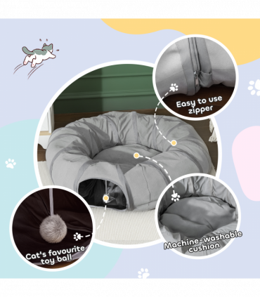 PawHut 2 in 1 Cat Tunnel with Bed, Cat Play Tunnel for Indoor Cats, Grey