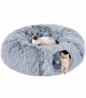 PawHut Donut Play Tunnel Bed with Washable Cushion and Toy Ball, Light Grey