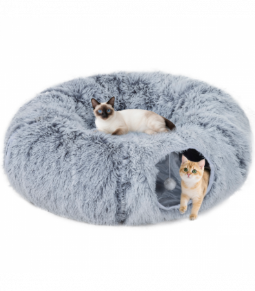 PawHut Donut Play Tunnel Bed with Washable Cushion and Toy Ball, Light Grey
