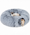 PawHut Donut Play Tunnel Bed with Washable Cushion and Toy Ball, Light Grey