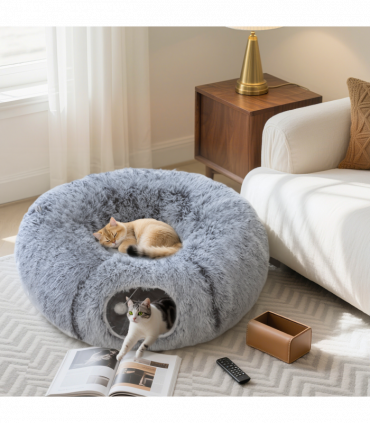 PawHut Donut Play Tunnel Bed with Washable Cushion and Toy Ball, Light Grey