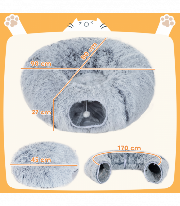 PawHut Donut Play Tunnel Bed with Washable Cushion and Toy Ball, Light Grey