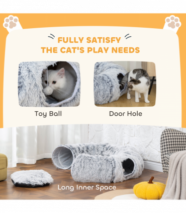 PawHut Donut Play Tunnel Bed with Washable Cushion and Toy Ball, Light Grey