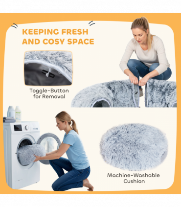 PawHut Donut Play Tunnel Bed with Washable Cushion and Toy Ball, Light Grey