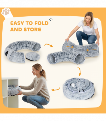 PawHut Donut Play Tunnel Bed with Washable Cushion and Toy Ball, Light Grey