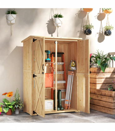 Outsunny Wooden Tool Storage Cabinet with Double Doors, Natural