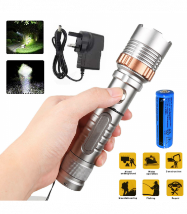 Rechargeable LED Flashlight Lamp 5-Modes Zoomable Hiking Camping Outdoor Torch +Battery+Charger