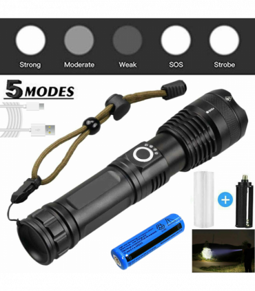One Set USB Rechargeable LED Flashlight 5-Mode Outdoor Camping Hiking Flashlight W/Box