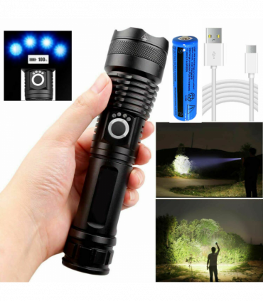 One Set USB Rechargeable LED Flashlight 5-Mode Outdoor Camping Hiking Flashlight W/Box