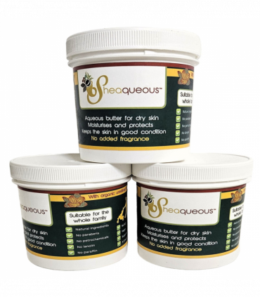 3 Pots of Sheaqueous Aqueous Cream with Shea Butter, Almond Oil, cocoa butter, vitamin E. A natural aqueous cream for very dry skin, for Sensitive Skin, Children, Eczema prone skin , Use in Pregnancy for expanding tummy NO ADDED FRAGRANCE