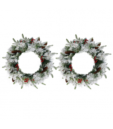 2 Pack 18in Pre-lit Snow Flocked Christmas Wreath, Lighted Artificial Xmas Wreath with 60 Warm Lights and 140 Tips and Red Berries Pine Cones, for Front Door Gate Wall Xmas Party Decorations