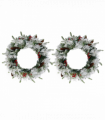 2 Pack 18in Pre-lit Snow Flocked Christmas Wreath, Lighted Artificial Xmas Wreath with 60 Warm Lights and 140 Tips and Red Berries Pine Cones, for Front Door Gate Wall Xmas Party Decorations