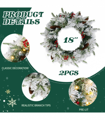 2 Pack 18in Pre-lit Snow Flocked Christmas Wreath, Lighted Artificial Xmas Wreath with 60 Warm Lights and 140 Tips and Red Berries Pine Cones, for Front Door Gate Wall Xmas Party Decorations