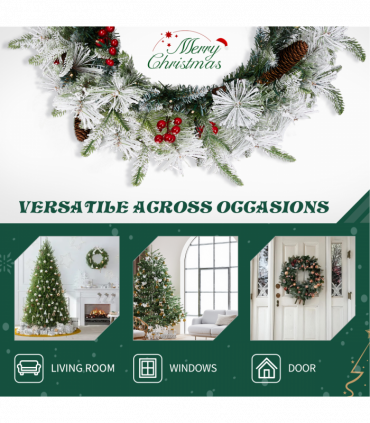 2 Pack 18in Pre-lit Snow Flocked Christmas Wreath, Lighted Artificial Xmas Wreath with 60 Warm Lights and 140 Tips and Red Berries Pine Cones, for Front Door Gate Wall Xmas Party Decorations