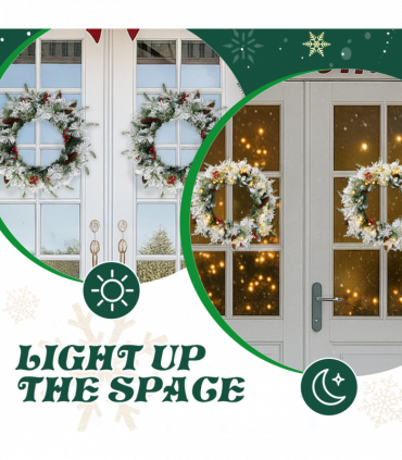 2 Pack 18in Pre-lit Snow Flocked Christmas Wreath, Lighted Artificial Xmas Wreath with 60 Warm Lights and 140 Tips and Red Berries Pine Cones, for Front Door Gate Wall Xmas Party Decorations